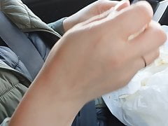 Step mom fucked through leggings while eating in the car