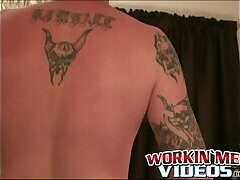 Tattooed mature guy jerks off his hard meat and cums loads