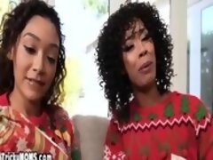 Ebony MILF mom and black teen fucking a huge white dick
